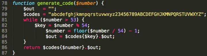 Screenshot: Phurl source code for generating shortened URLs 